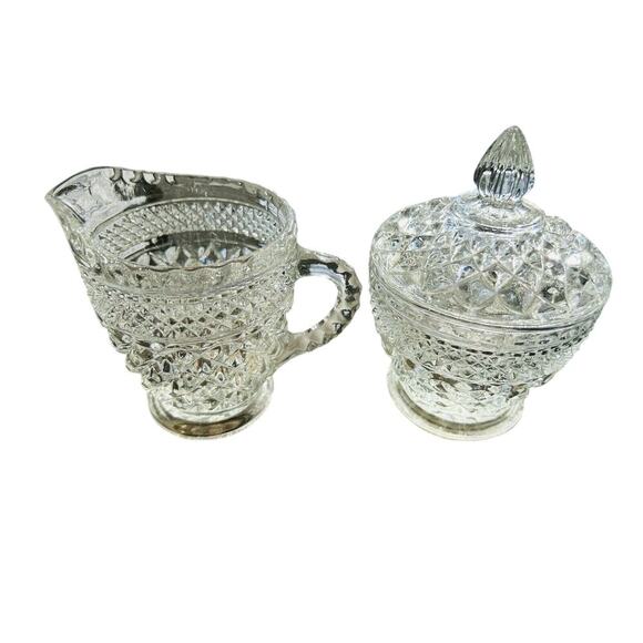 Anchor Hocking Wexford Crystal Clear Cut Glass Cream & Sugar Set Vintage - Picture 6 of 16
